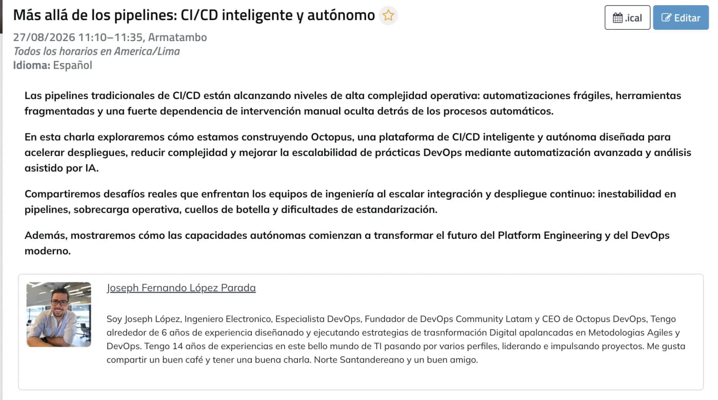 Agenda de la charla de Joseph López en DevOpsDays Lima 2026